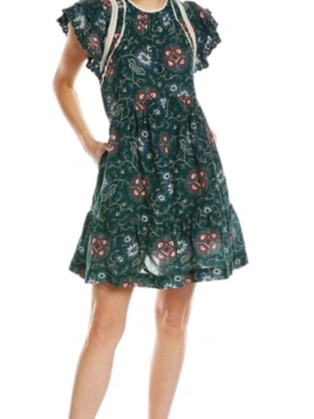 Sea New York Green Floral Print Cotton Ruffle Lace Trim Tiered Mini Dress Size M